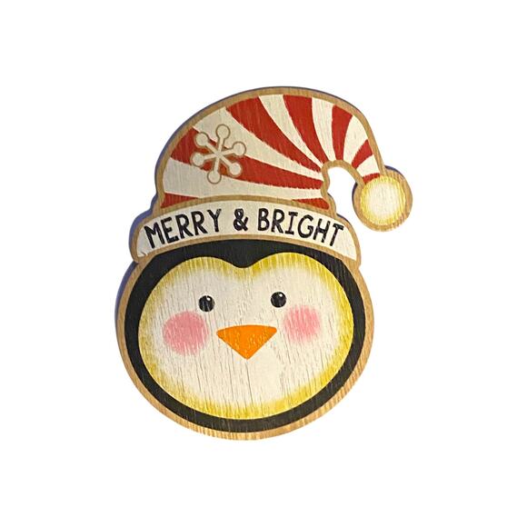 Merry & Bright Penguin Wooden Sign | Christmas Decor | Holiday Winter Home Decor - Picture 1 of 7